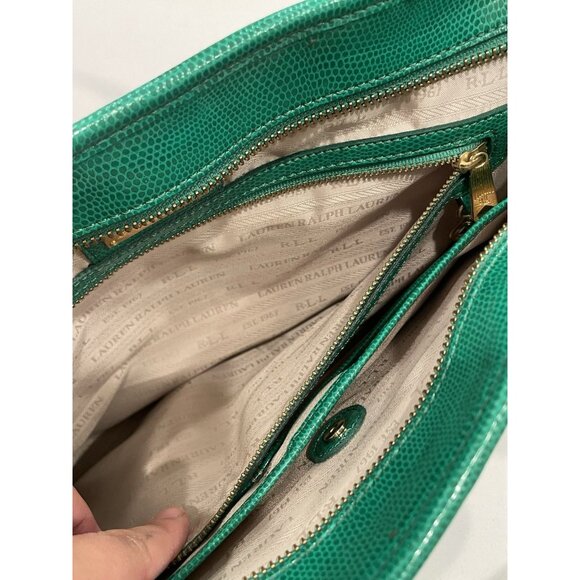 Ralph Lauren Embossed Leather Tote Bag Classic Green Shoulder Purse Handbag - Picture 7 of 14